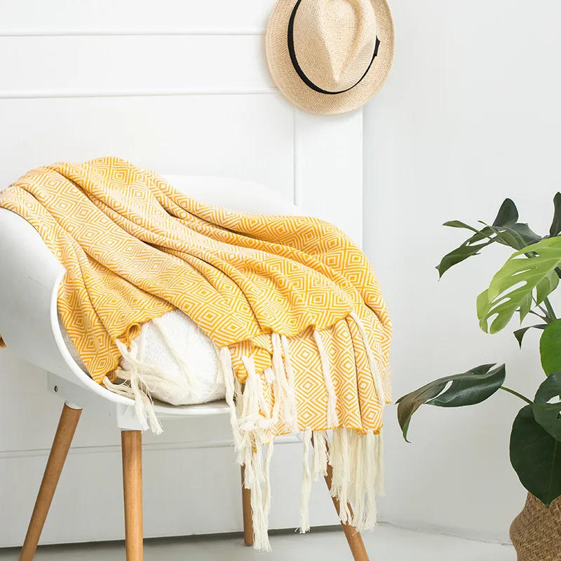 

DUNXDECO Blanket Cotton Knitting Throw Nordic Simple Geometric Classical Check Yellow Gray Color Air-condition Sofa Bedding Deco