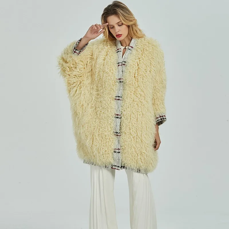 light Yellow Новинка, зимнее вязаное пальто из натурального меха ягненка, женское повседневное длинное Свободное пальто из натурального меха с рукавом летучая мышь, куртка из овечьей шерсти, верхняя одежда - Цвет: light Yellow