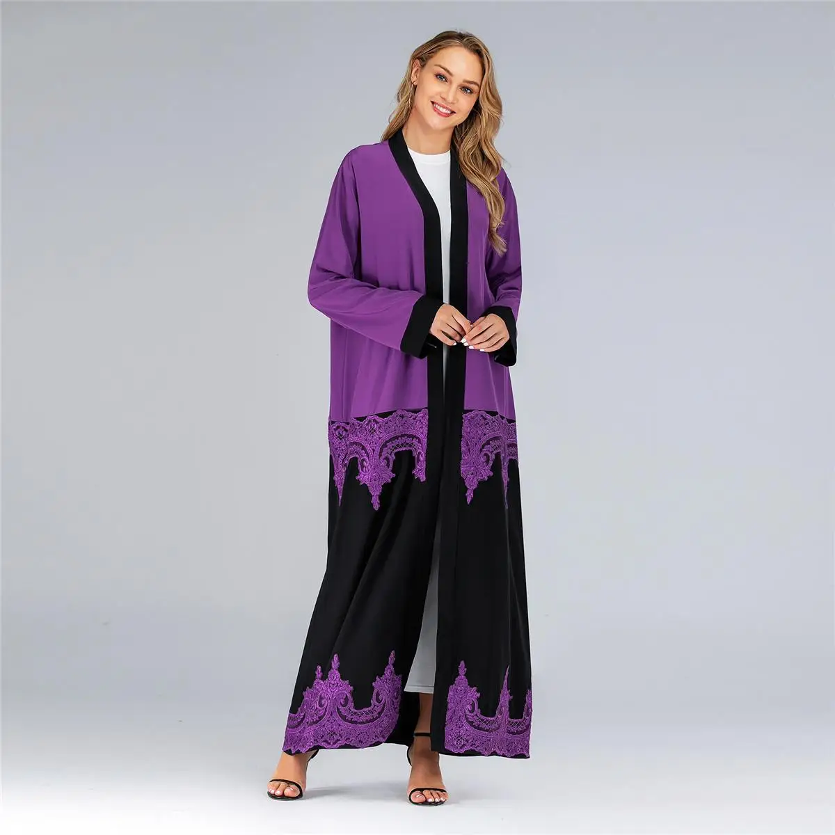 Кимоно abaya Открытый спереди кафтан с длинным рукавом Дубайский мусульманский женский кружевной кардиган лоскутное исламский, арабский одежда поклонение службы