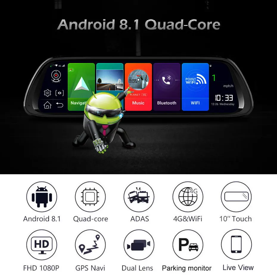 Olysine 10 ''Android 9. 0 4G зеркало заднего вида Автомобильный видеорегистратор Камера