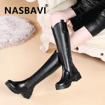 

2019 New temperament commute woman Side zipper knee high martin boots winter warm plush round head lady Flat bottom long boot