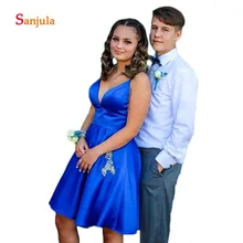 Короткие платья для выпускного вечера с открытой спиной, глубокий v-образный вырез, сексуальные платья для выпускного вечера с карманами, расшитые бисером, Короткие Выпускные платья Королевского синего цвета D1322