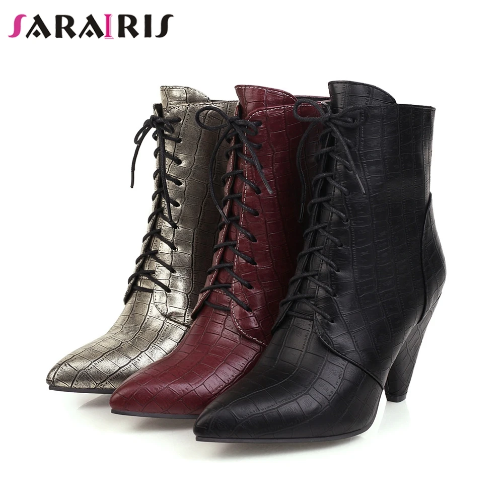 

SARAIRIS New 35-47 Female Pointed Toe Ankle Boots 2020 High Spike Heel Boots Women Fashion Stone Fretwork Shopping Shoes Woman