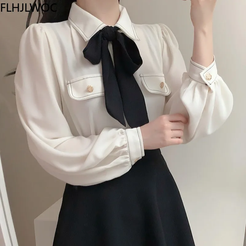 Womens Basic Office Lady Work Wear Sexy Semi Transaprent Cute Bow Tie Top Single Breasted Button Solid White Shirts Blouses 4