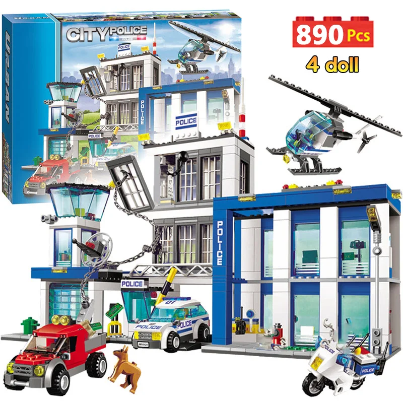 

890pcs City Police Station Building Blocks Compatible Legoinglys City Cop Car Jail Cell Helicopter Bricks Toys for Children