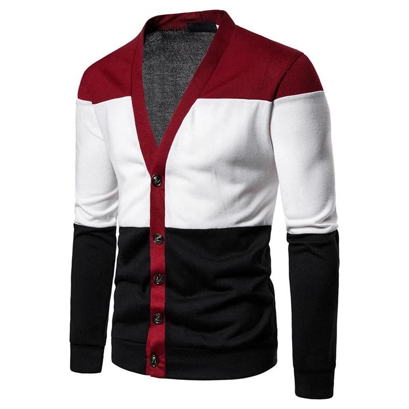 SHUJIN 2019 New Men's Knitted Sweater Casual Patchwork Jacket Three-color Stitching Deep V Cardigan Men's Knitted Sweater SHUJIN 2019 New Men's Knitted Sweater Casual Patchwork Jacket Three-color Stitching Deep V Cardigan Men's Knitted Sweater