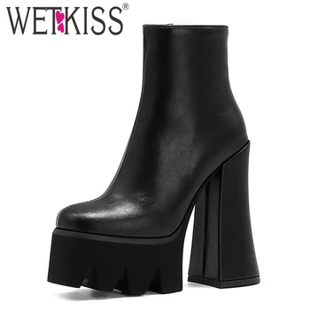 

WETKISS Block High Heels Ankle Boots Woman Stone Fabric Thick Platform Booties 15cm Spike Heel Square Toe Winter Boot Skid Proof