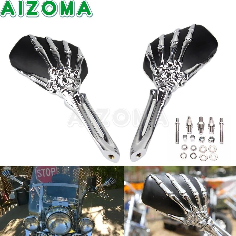 Motorcycle Chrome Skull Skeleton Hand Side Rearview Mirrors For Harley Davidson 