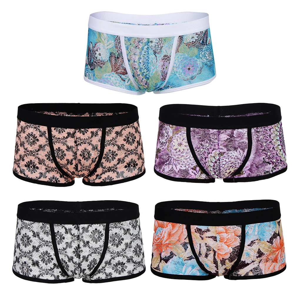 Vintage Soft Men Floral Print Sheer Lace Boxers Underwear Bulge Pouch Underpants Trunks Lingeries