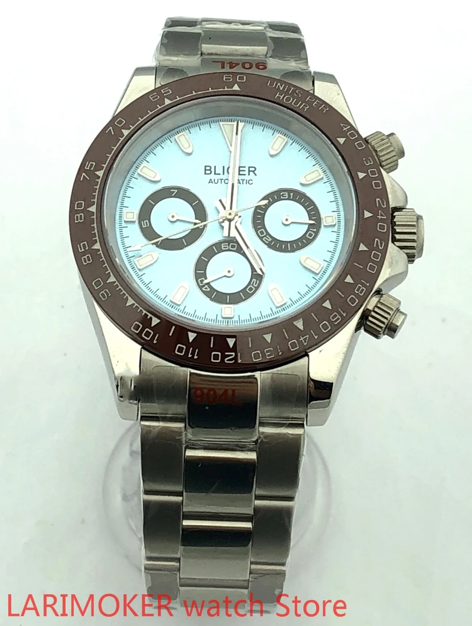 Bliger Marca Radice Birra Oro Rosa Automatico Orologio Da Uomo Vetro Zaffiro Gmt Data Della Mano Finestra Cinturino Mentale Lunetta In Ceramica