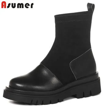 

Asumer 2020 new arrive ankle boots women genuine leather +Elastic boots comfortable low heel casual shoes ladies big size
