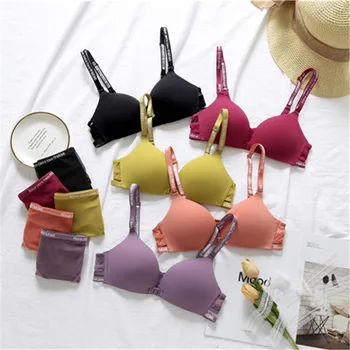 

2110 New Products GIRL'S Students Color Solid Color Letter Band Fishnet Hollow out Beauty Back ACC No Steel Ring Bra Set