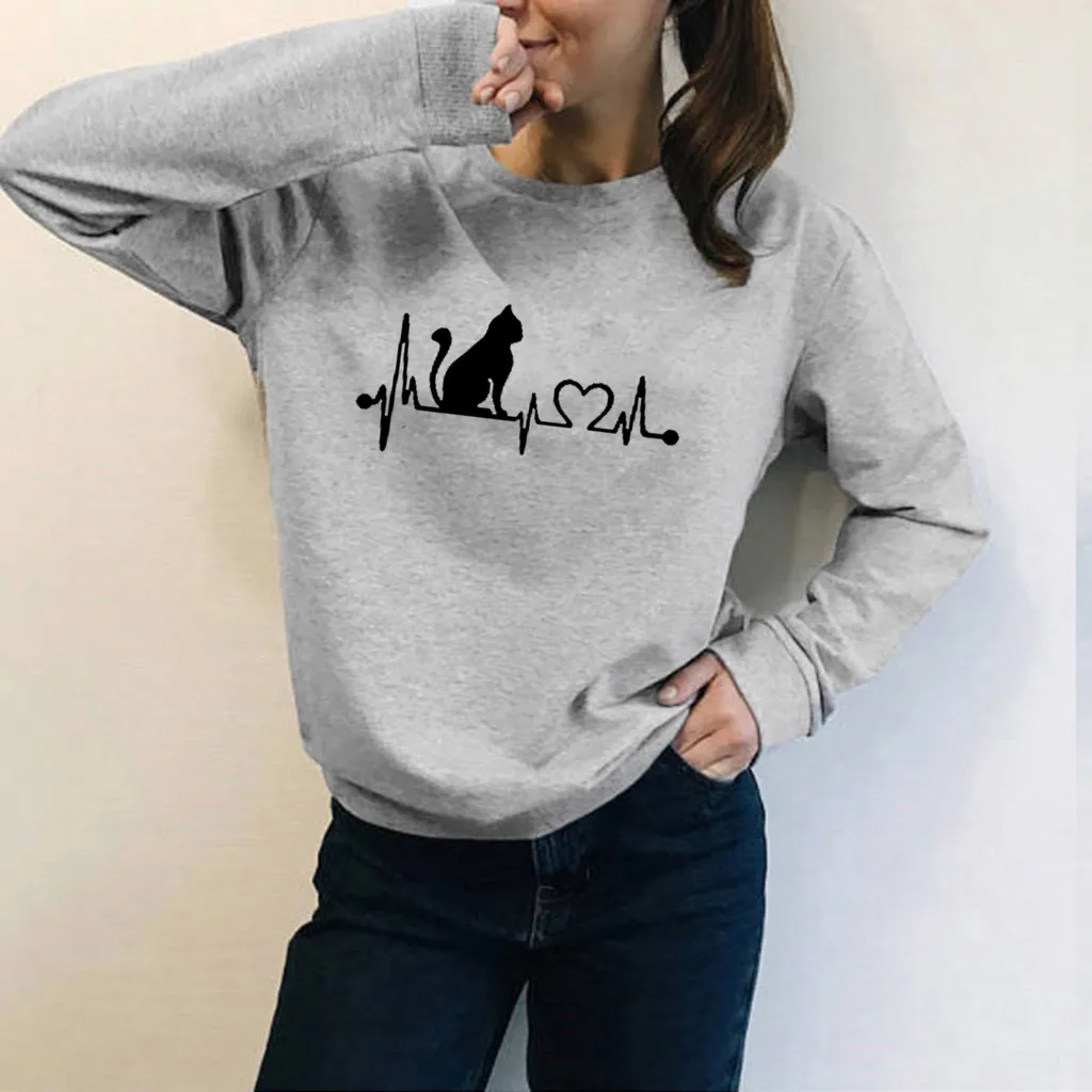 Autumn Winter Women Sweatshirt Oversize Hoodie Cat Printing O Neck Long Sleeve Pullover Sweatshirt Ladies Hoodie Streetwear