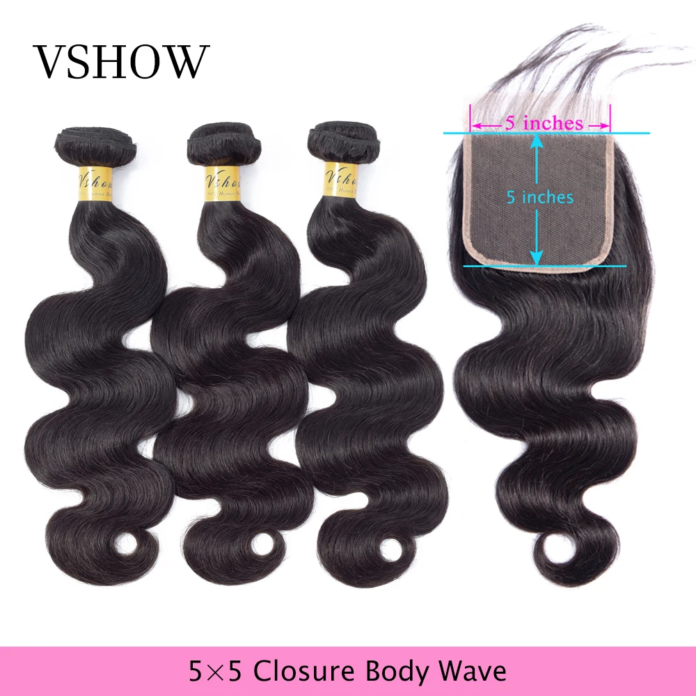 

VSHOW 5x5 Lace Closure With Bundles Brazilian Body Wave With Closure 4pcs Lot Remy Human Hair Bundles With Closure