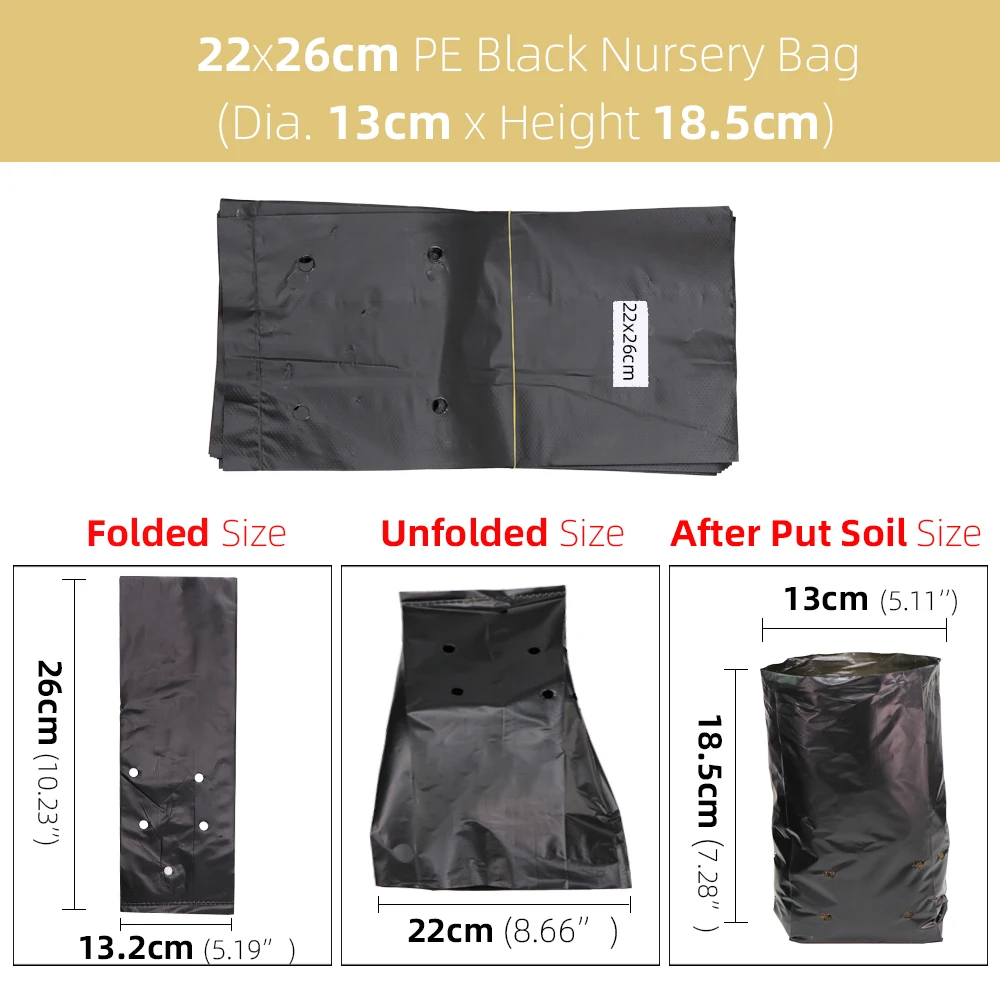 100/200PCS PE Nursery Bags Thicken Plant Grow Bags Seedling Pots Eco-Friendly Garden with Breathable Holes Black Planting Sack