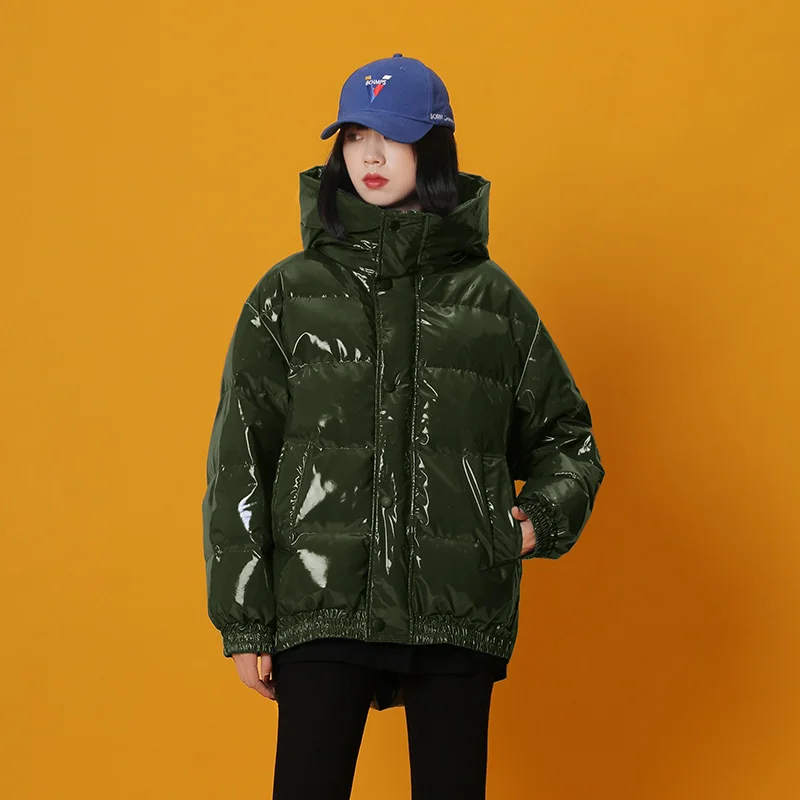 Зимняя новая Яркая блестящая Хлопковая женская Свободная куртка негабаритная теплая куртка пушистая хлопковая куртка в стиле хлеба F246 - Цвет: army green