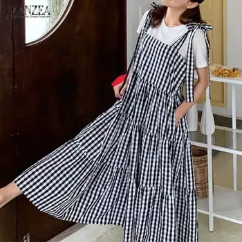 

Fashion Ruffle Dress Women's Summer Check Vestidos 2020 ZANZEA Casual Overalls Dresses Female Plaid Lace-Up Robe Plus Size 5XL