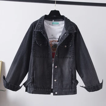 

2020 Spring Autumn Rivet Denim Jacket Women Basic Coat Big size Loose Vintage Black Blue Student Jeans Jacket Outerwear Female