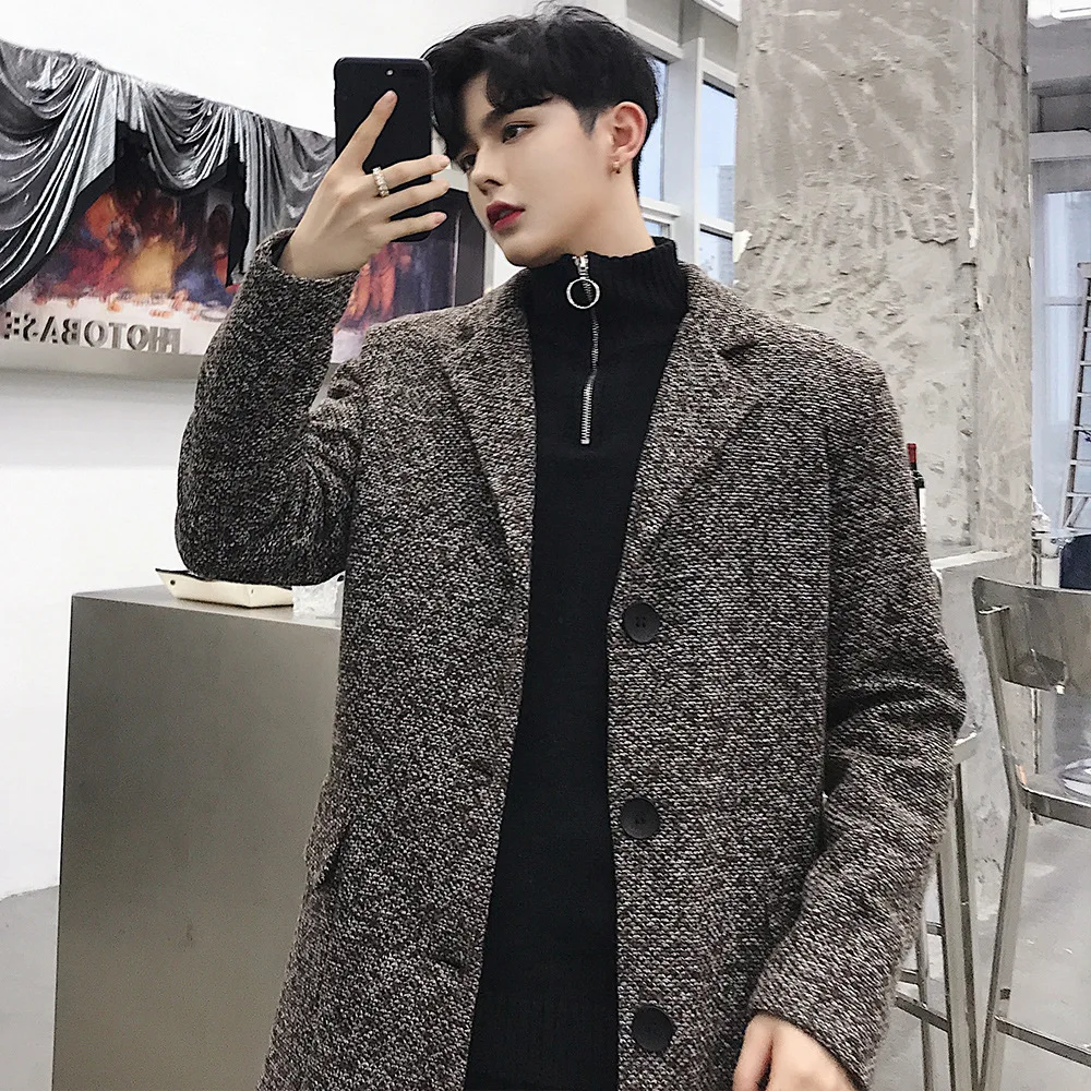 

Autumn And Winter New Style Men Fashion Fold-down Collar Fashion Man Woolen Trench Coat Men Casual Versatile Mid-length Trench C