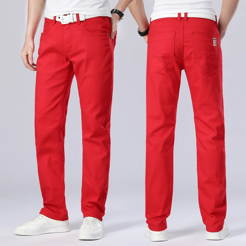 

Jeans For Men Straight Trousers Male High Quality Red Slim Fit Sweatpants Denim Designer Casual Biker Pants Pantalon Hombre