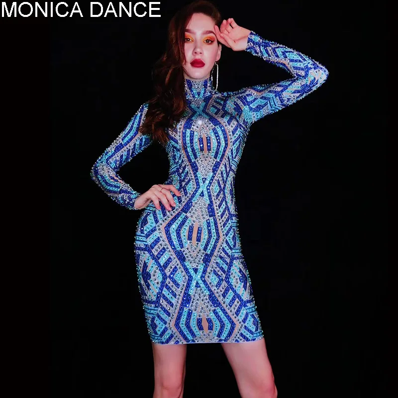 

Sexy Flashing Rhinestones Blue Elastic Dress Vintage Birthday Celebrate Evening Party Crystals Outfit Women Singer Stage Wear