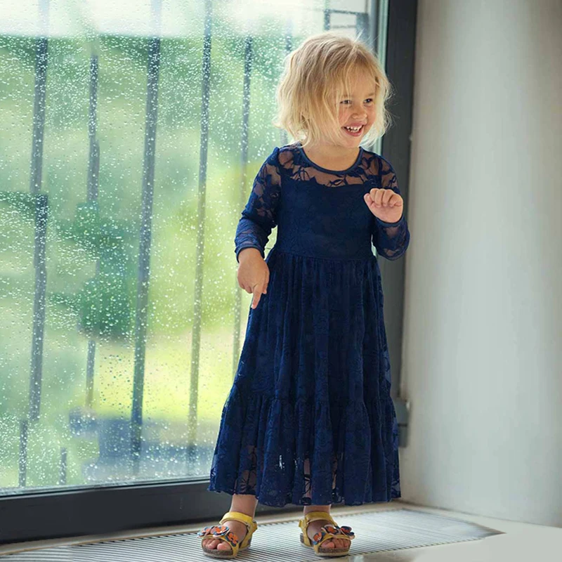 2 -12 Yrs Baby Girl Lace Maxi Dress Big Bow Long Sleeve Elegant Flower Princess Party Wedding Evening Frocks Prom Dresses Girls