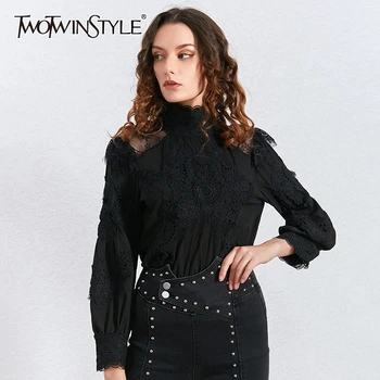 

TWOTWINSTYLE Casual Lace Hollow Out Women Shirt Stand Collar Lantern Long Sleeve Slim Blouses Female Clothing 2020 Fashion Tide