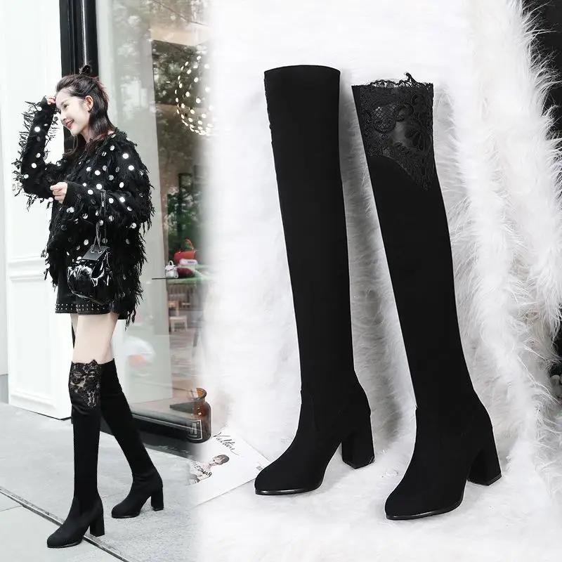 

Women's Winter High Boots Lace Up Big Size Shoes Woman Booties Ladies Chunky Heel Round Toe Over-the-knee Large Size Rubber