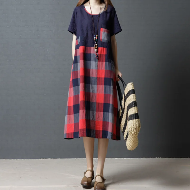 

2018 Summer Wear New Style WOMEN'S Dress Korean-style Loose And Plus-sized Cotton Linen Plaid Mid-length Joint Short-sleeve Dres