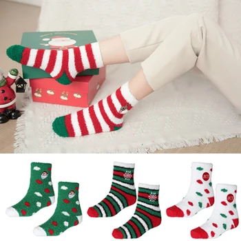 

Coral Fleece Cute Christmas Socks Santa Claus Striped Women Socks Winter Thickened Warm Fluffy Floor Socks New Year Gifts