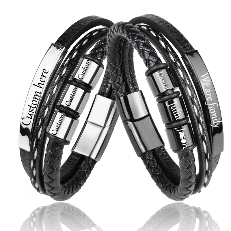 Charm Name Letter Customize Leather Breaclet for Women Men Stainless Steel Beads Braided Rope Wrist Bracelet Personalized bracelet jewelry