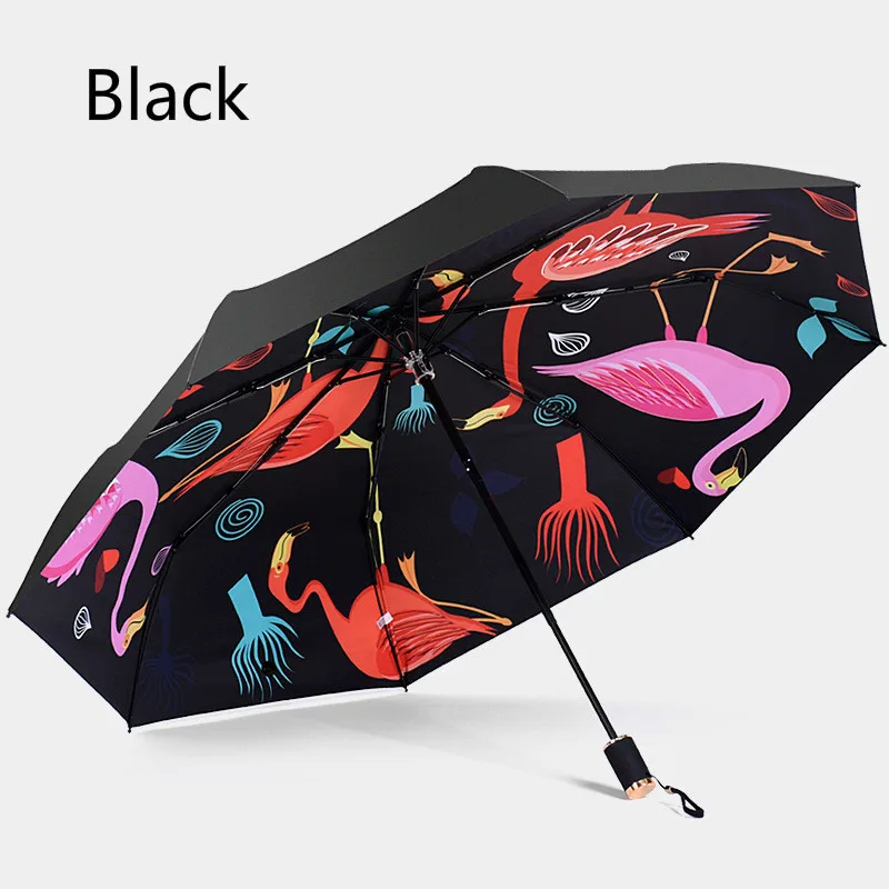 black Bird Flamingo pattern Three-folding Umbrella Shelter from wind rain ultraviolet rays Fashion lay umbrella - Цвет: black