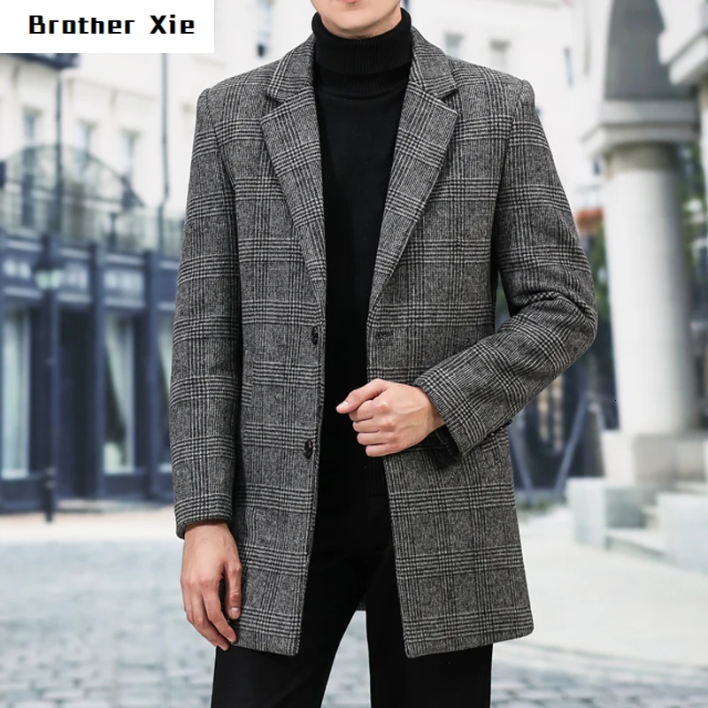 

Winter Woolen Coat Men's Slim Fashion Retro Casual Tartan Jacket Man Streetwear Wild Long Woolen Coat Male Overcoat M-3XL