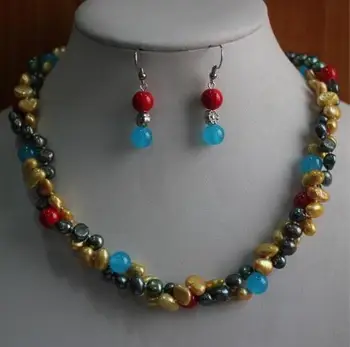 

free shipping 3row Hot Jewelry 7-8mm pink pearl eye Jade opal Baroque Pendant Necklace earring Set