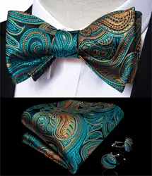 Сине-зеленый золотой Пейсли галстук-бабочка для Для мужчин шелк регулируемые бабочка платок запонки галстук-бабочка набор для Свадебная