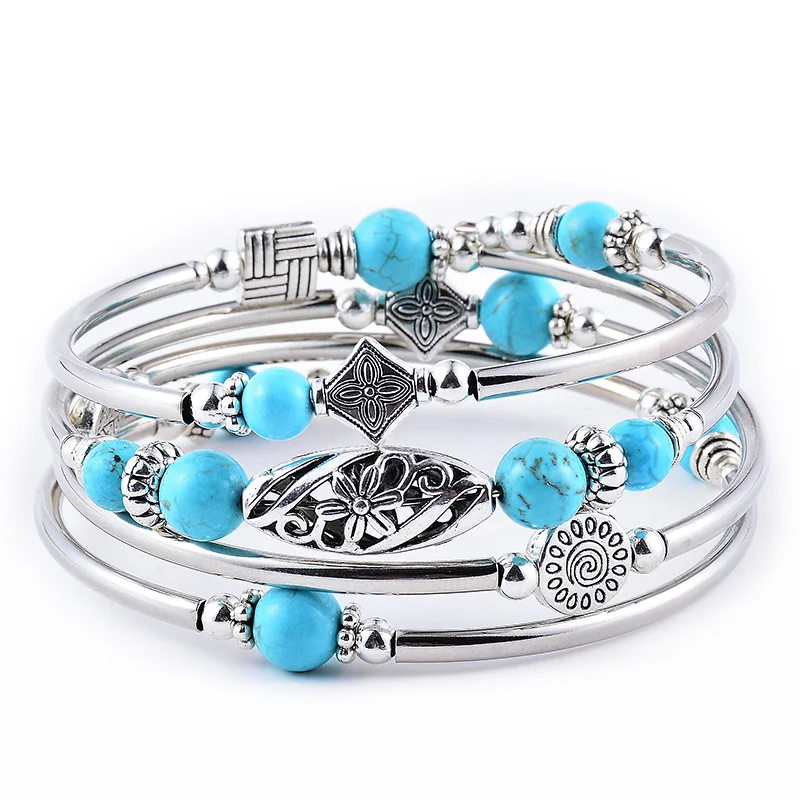 New Natural Turquoise/Tigereye Winding Multi-Circle Layered Natural Stone Beaded Bracelet for Women