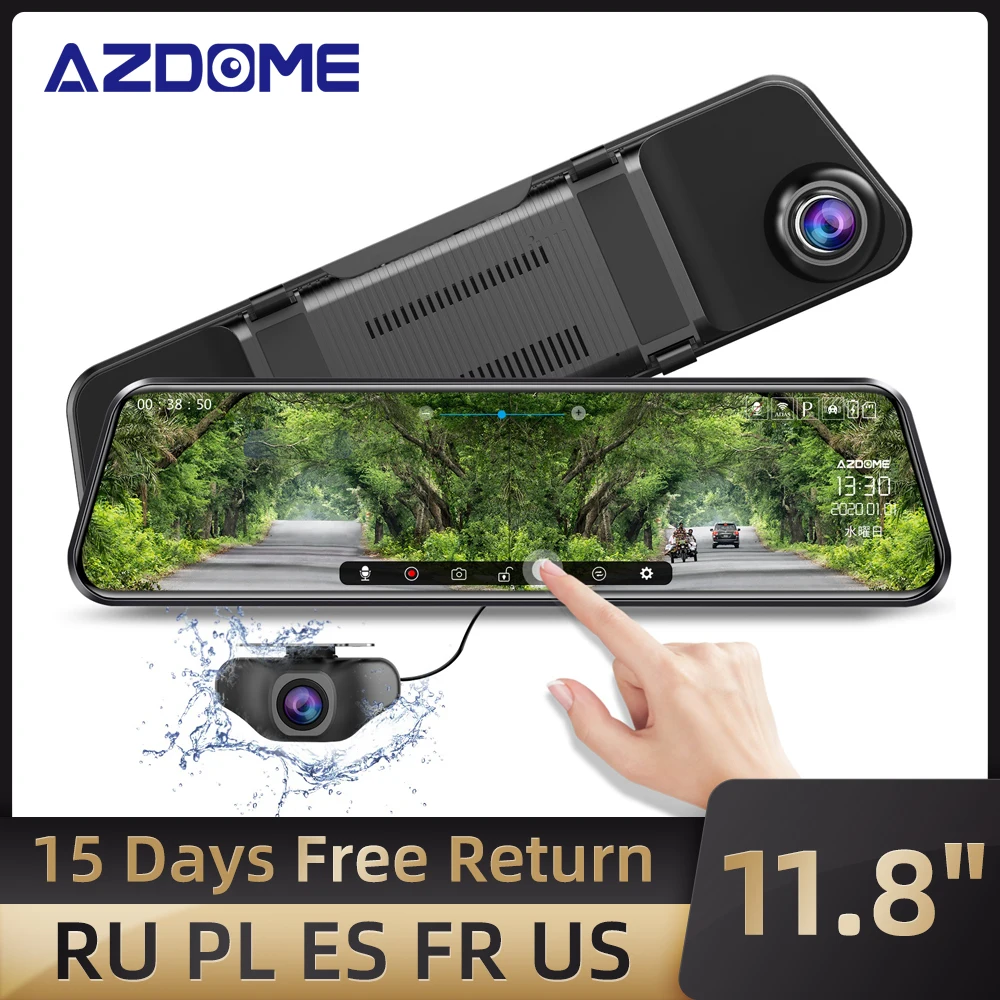

AZDOME Car DVR PG17 11.8" Mirror Dash Cam Streaming Media Full-Screen Touching Dual Lens Night Vision 1296P Front 1080 Backup