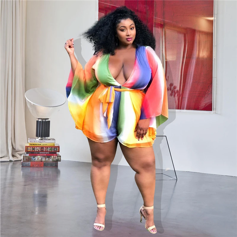 Adogirl XL-4XL Plus Size Women Playsuit Changing Color Stripe V Neck Flare Long Sleeve Fashion Jumpsuits Chiffon Romper Overalls
