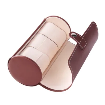 

3 Grids Brown Black Color Cylinder Shape Leather Watches Display Case Boxes Jewelry Storage Portable Watch Box