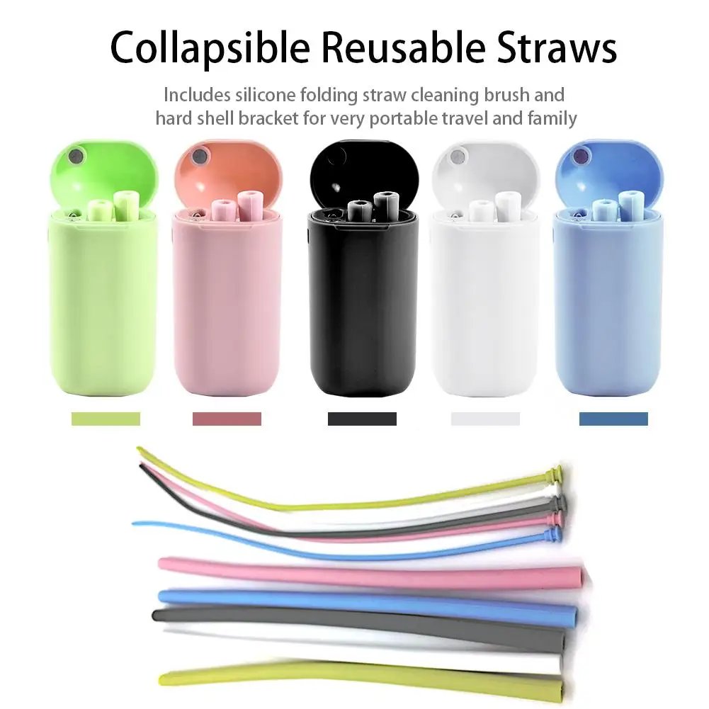 

1 Pcs Portable Silicone Collapsible Drinking Straws Telescopic Reusable Folding Straw With Cleaning Brush For Traveling Supplies