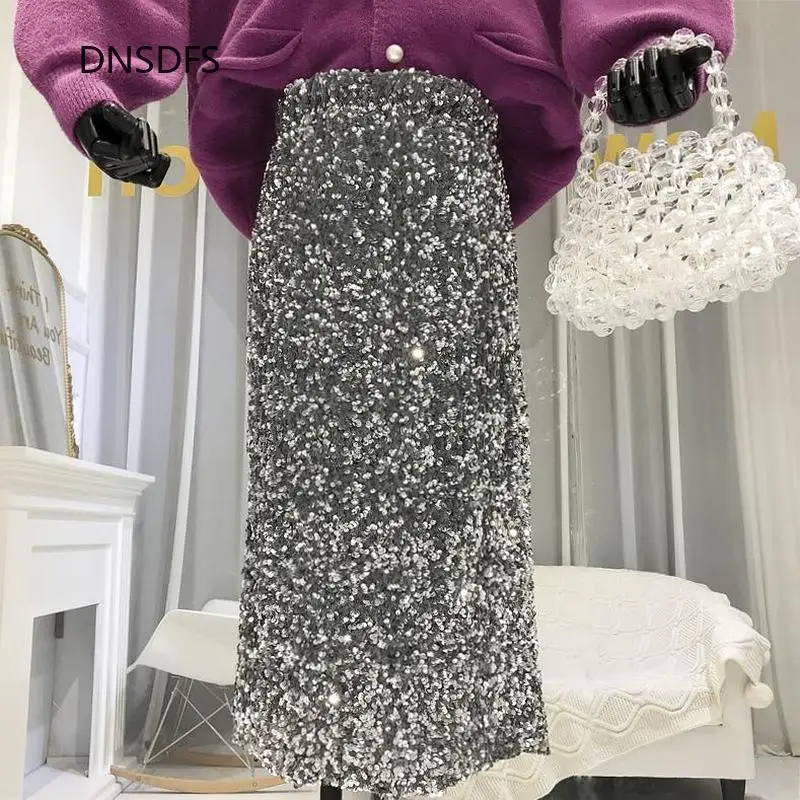 

Sequined Skirt Women Office Lady Pencil Skirts High Elastic Waisted Velvet Mid-calf Skirt Fashion Stretch Sexy Korean Clothing