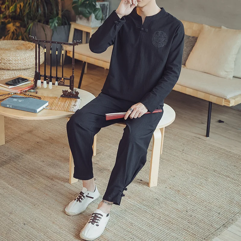 

2019 Spring And Summer New Style Chinese-style Men Cotton Linen Embroidered Set Loose-Fit National Wind Retro Casual Men'S Wear