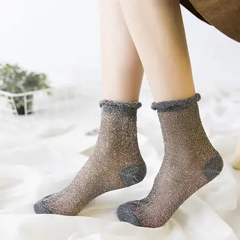 

1 Pair Hot Sale Shiny Socks Sexy Women Solid Color Transparent Glitter Elastic Middle Tube Pile Heap Socks Sokken New Fashion