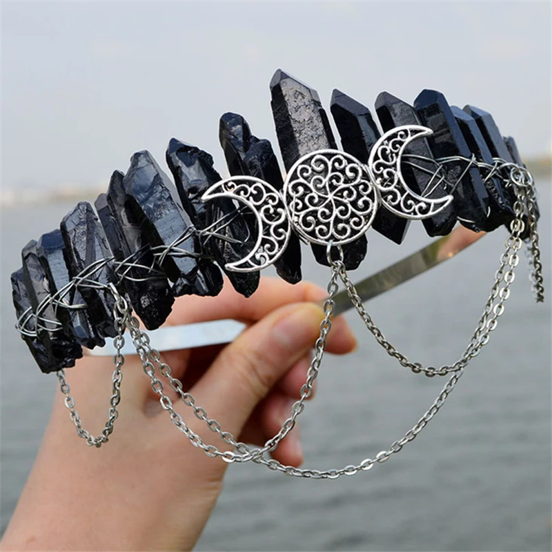 Natural Black Crystal Witch Crown Hair Accessories White Crystal Headwear Vintage Moon Headband Handmade Fashion Jewelry Gifts