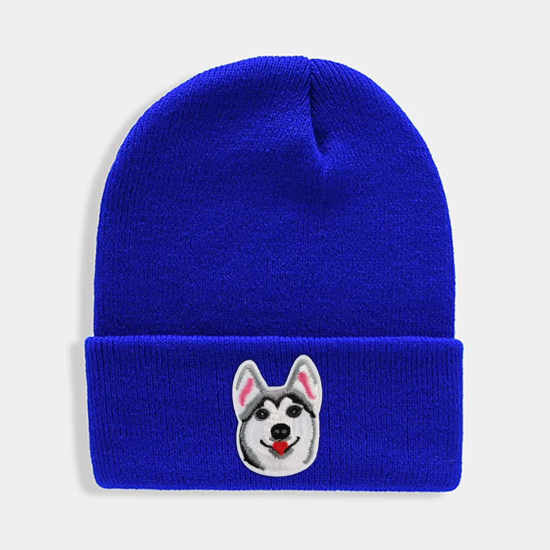 Huskies Hats Fashion Patches Sweet Beanie For Unisex Winter Brimless Stretchy Bonnet Solid Color Outdoor Cap Knitted Beanie - Цвет: Dark Blue