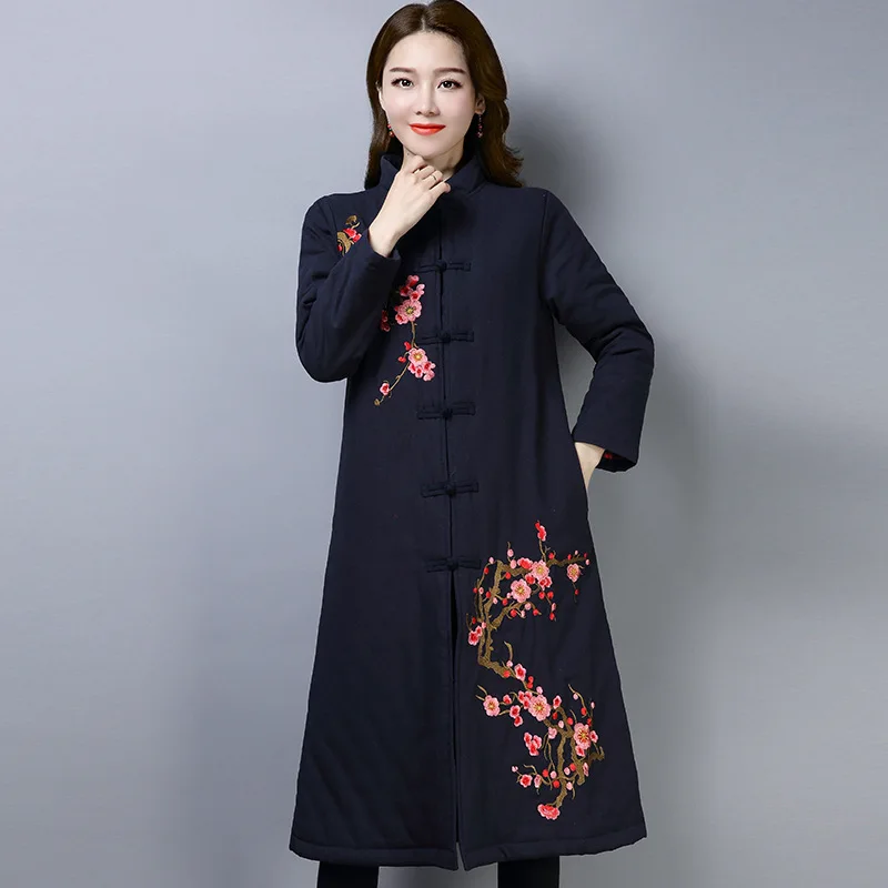 

Ethnic-Style 2019 Winter New Style Ethnic-Style WOMEN'S Dress Chinese Style Embroidered Loose-Fit Long Cotton Linen Cotton Coat