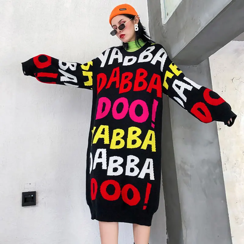 XITAO, модные вязаные платья с буквенным принтом размера плюс, утолщенное женское платье в Корейском стиле, уличная зимняя одежда для женщин XJ2543