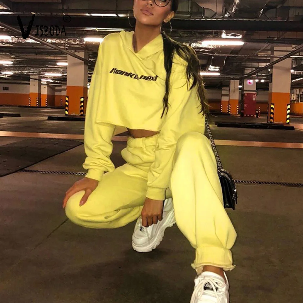 

Yellow Tracksuits 2 Piece Set Women Loose Crop Hoodies Sweatpants 2019 Fashion Female Long Sleeve Sweatshirt Trousers Suit Femme