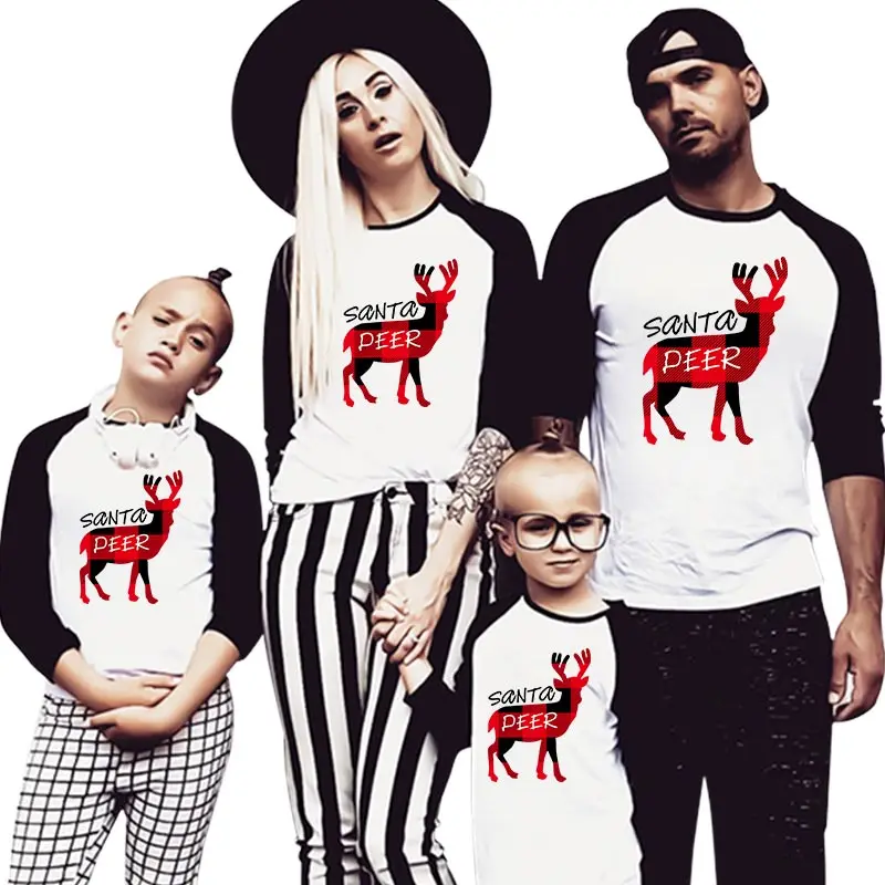 MVUPP одежда для всей семьи с надписью «merry christmas daddy mommy and me» длинная футболка с заплатками одинаковые комплекты с оленем для мамы, дочки, папы и сына - Цвет: color 1