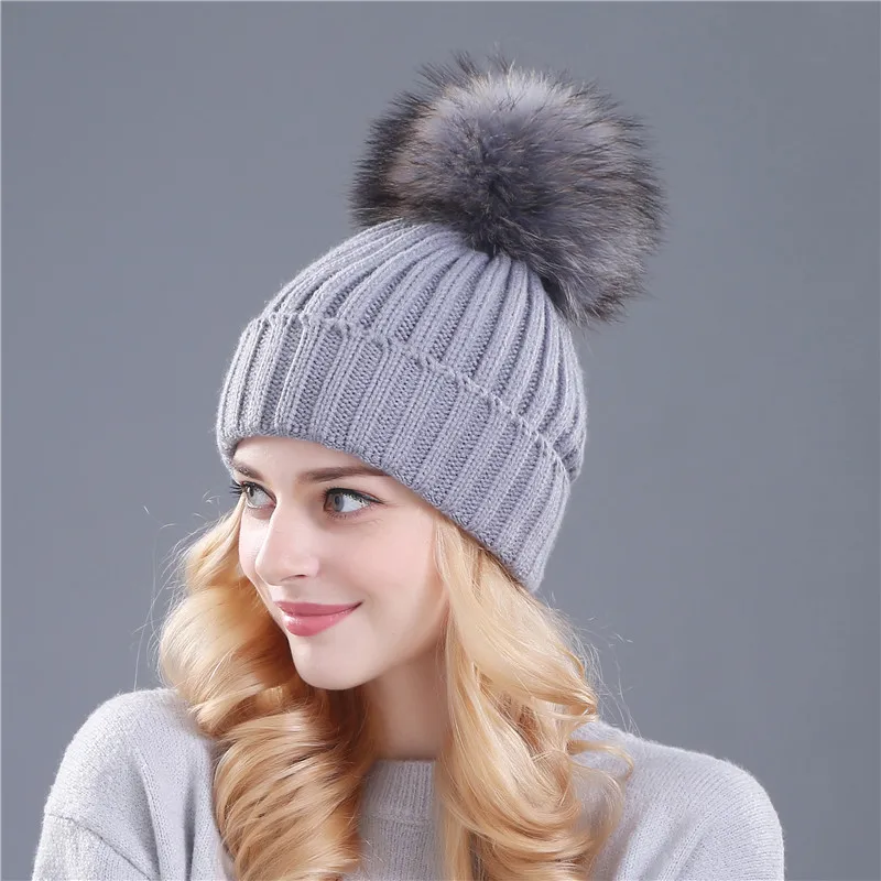 color pom gray Xthree, шапка из меха норки и лисы, помпоны, зимняя женская шапка, шапка для девочек, вязаные шапки, шапка, фирменная Новинка, толстая женская шапка - Цвет: color pom gray